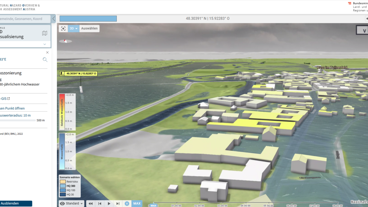 HORA 3D zeigt anschaulich welche Gebiete z.B. von Hochwasser gefährdet sind.