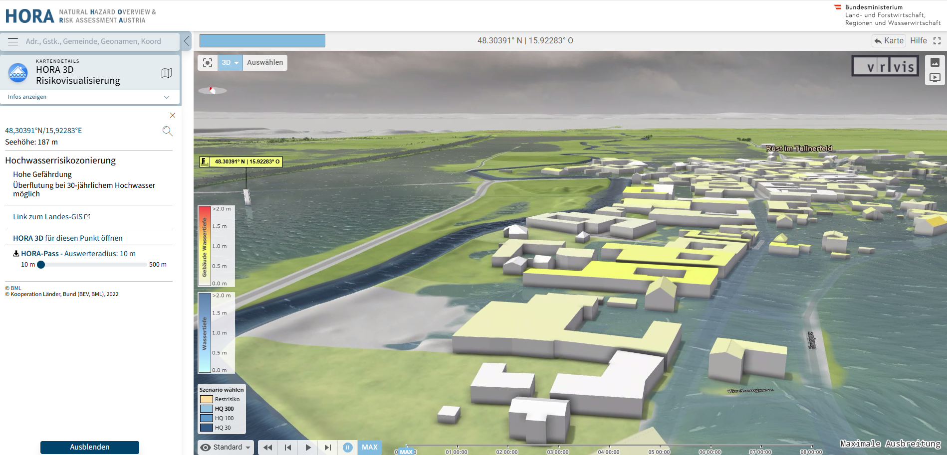 HORA 3D zeigt anschaulich welche Gebiete z.B. von Hochwasser gefährdet sind.