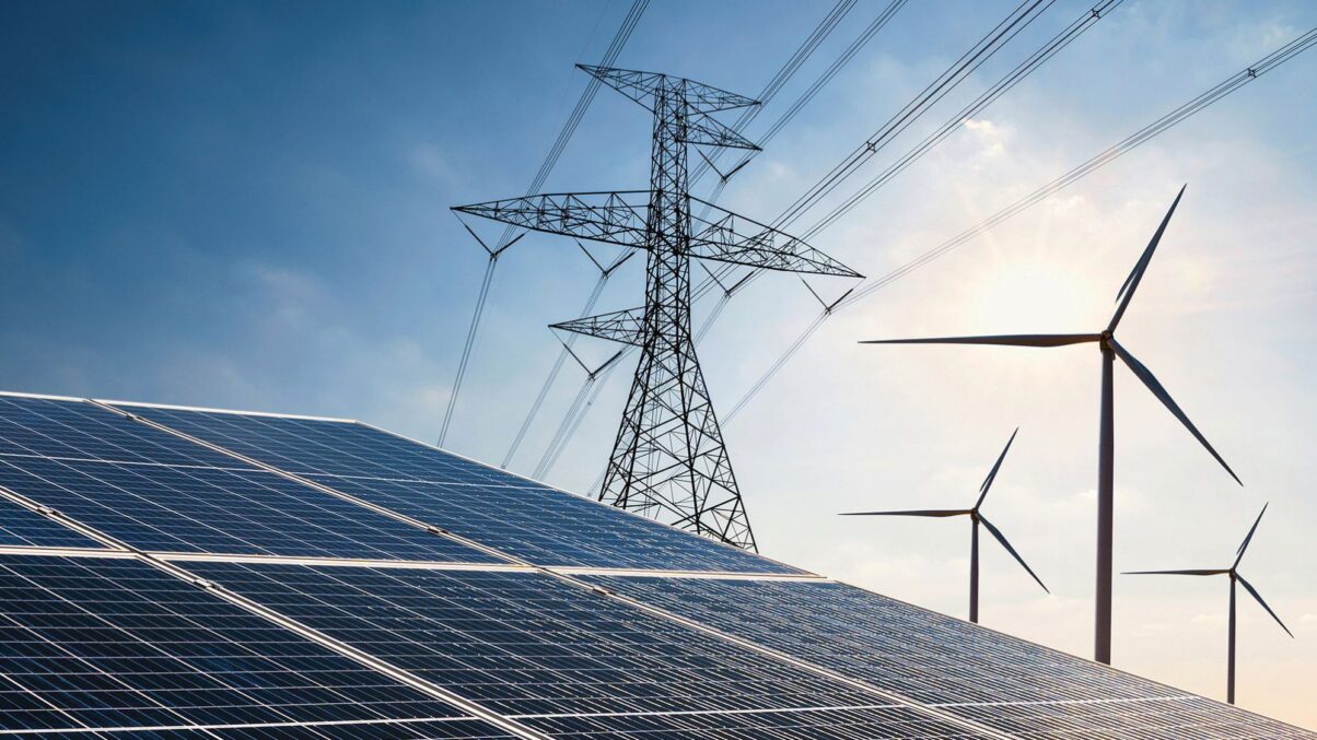 Strommasten, PV-Paneele und Windräder