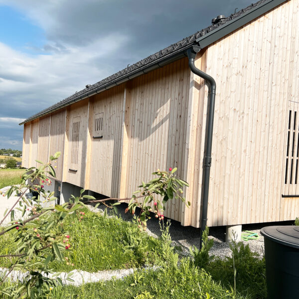 Holzhaus mit grüner Wiese