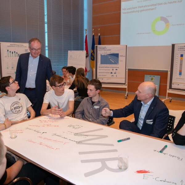 Gemeinsam mit Experten beratschlagen die Schülerinnen und Schüler über mögliche Lösungen zu Klimaproblemen.